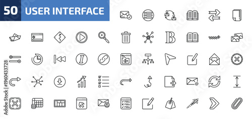 user interface outline icon set. 50 linear vector for ui, web and mobile. thin line postal, list button, job transition and more icons.