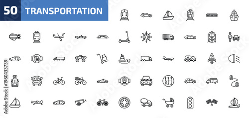 transportation outline icon set. 50 linear vector for ui, web and mobile. thin line diesel train, hearse, sailing boat and more icons.