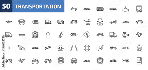 transportation outline icon set. 50 linear vector for ui, web and mobile. thin line dugout canoe, sport car, double decker bus and more icons.