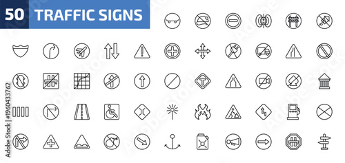 traffic signs outline icon set. 50 linear vector for ui, web and mobile. thin line skateboard, no rodents, prohibited way and more icons.