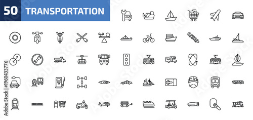 transportation outline icon set. 50 linear vector for ui, web and mobile. thin line car repair, fishing boat, sail boat and more icons.