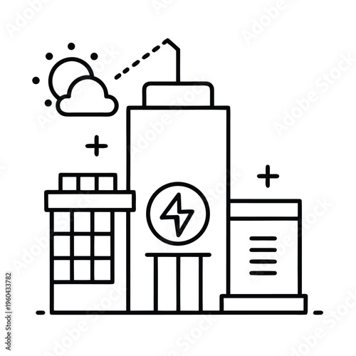 A black and white line art illustration representing urban renewable solar energy power station