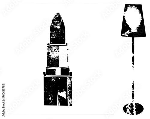 Stylized makeup tools with textured halftone effect, cosmetic brush and lipstick graphic, beauty essentials, artistic vector illustration, fashion accessory.