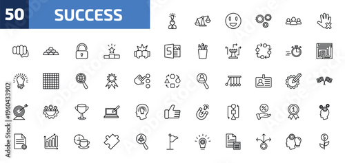 success outline icon set. 50 linear vector for ui, web and mobile. thin line entrepreneur, balance, happiness and more icons.
