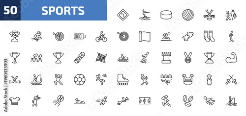 sports outline icon set. 50 linear vector for ui, web and mobile. thin line left bend, wakeboarding, hockey puck and more icons.