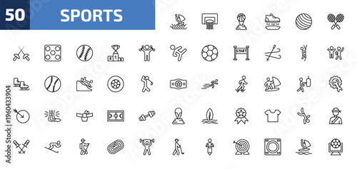 sports outline icon set. 50 linear vector for ui, web and mobile. thin line windsurf sea, basketball basket, basketball champion and more icons.