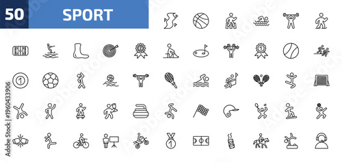sport outline icon set. 50 linear vector for ui, web and mobile. thin line slalom, basketball, pedestrian walking and more icons.