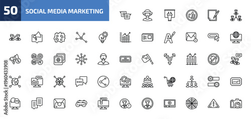 social media marketing outline icon set. 50 linear vector for ui, web and mobile. thin line square bubble, mexican man, seminar and more icons.