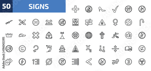 signs outline icon set. 50 linear vector for ui, web and mobile. thin line junction, no fire allowed, high heels and more icons.