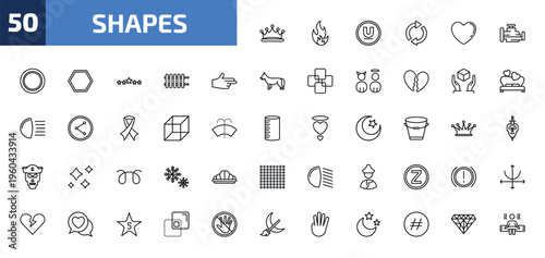shapes outline icon set. 50 linear vector for ui, web and mobile. thin line prince crown, fire over line, undelined and more icons.