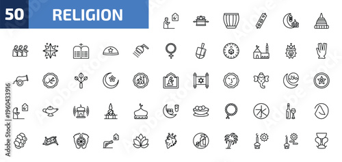 religion outline icon set. 50 linear vector for ui, web and mobile. thin line muslim man praying, ark of the convenant, tablas and more icons.