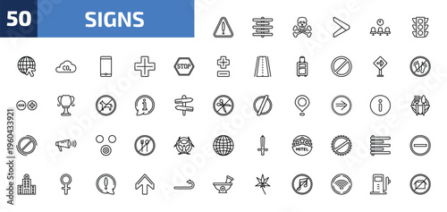 signs outline icon set. 50 linear vector for ui, web and mobile. thin line alert, align center, death and more icons.