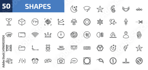 shapes outline icon set. 50 linear vector for ui, web and mobile. thin line half moon and star, winshield wiper, star with number four and more icons.