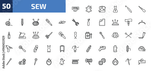 sew outline icon set. 50 linear vector for ui, web and mobile. thin line suture, leather, tailoring hine and more icons.