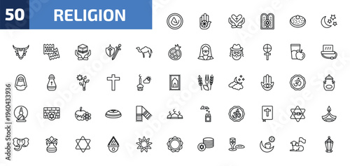 religion outline icon set. 50 linear vector for ui, web and mobile. thin line asceticism, jainism, faith and more icons.