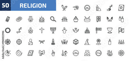 religion outline icon set. 50 linear vector for ui, web and mobile. thin line chicken, eye of ra, halal and more icons.
