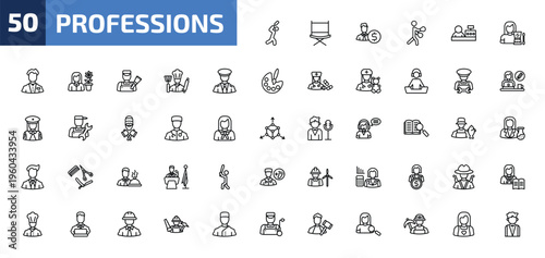 professions outline icon set. 50 linear vector for ui, web and mobile. thin line cricket player, director, accountant and more icons.