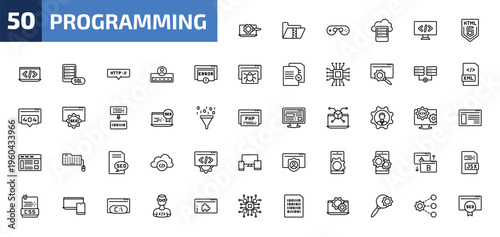 programming outline icon set. 50 linear vector for ui, web and mobile. thin line seo tools, archive, console and more icons.