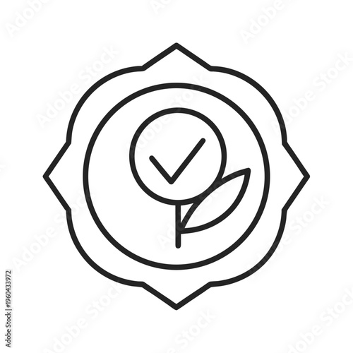 A minimalist linear icon representing an eco-friendly certification mark on a white background