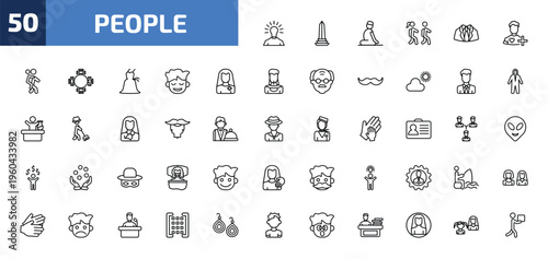 people outline icon set. 50 linear vector for ui, web and mobile. thin line man with idea, venezuelan, julus and more icons.