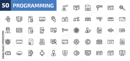programming outline icon set. 50 linear vector for ui, web and mobile. thin line seo consulting, error 404, floppy disk and more icons.