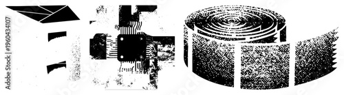 Stylized black shapes with grainy halftone textures, vector art elements, graphic design motifs, digital illustration, geometric abstraction, isolated, modern art forms.