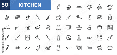 kitchen outline icon set. 50 linear vector for ui, web and mobile. thin line pastry bag, cupcake, platter and more icons.