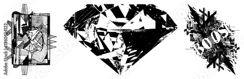 Stylized diamond cut with fragmented facets, urban graffiti inspired sketch, abstract vector art, black and white art, geometric, cityscape collage.