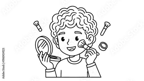 Young Woman Applying Makeup with Mirror for Daily Beauty Routine and Cosmetic Care Vector Illustration