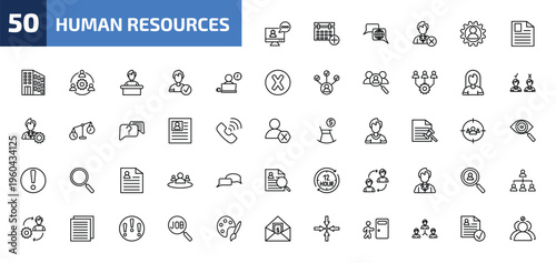 human resources outline icon set. 50 linear vector for ui, web and mobile. thin line video conference, appointment, language and more icons.