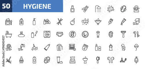 hygiene outline icon set. 50 linear vector for ui, web and mobile. thin line varnish, nail clippers, douche and more icons.