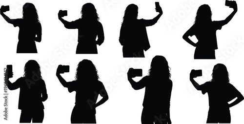 Female silhouettes taking selfies with smartphone, different poses and angles, casual fashion, social media lifestyle, cad drawing flat vector illustration