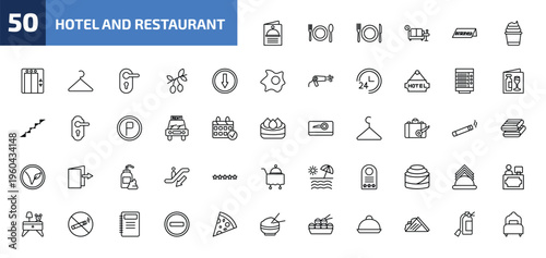 hotel and restaurant outline icon set. 50 linear vector for ui, web and mobile. thin line menu, food, meal and more icons.
