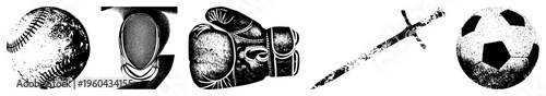 Classic sports gear baseball, fencing mask, boxing gloves, sword, soccer ball. Athletic symbols, vintage halftone style, isolated vector elements.