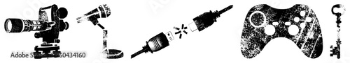 Retro tech and gaming in gritty, vintage camera, studio mic, USB plug, controller, antique key, distressed vector art.