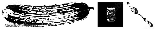 Artistic black and white vector illustration of a pickle, pickling jar, and spatula, rendered with expressive brushstroke textures, ideal for culinary design or vintage food branding.
