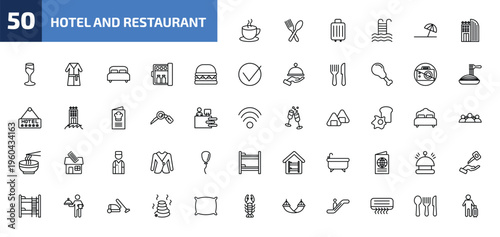 hotel and restaurant outline icon set. 50 linear vector for ui, web and mobile. thin line coffee, restaurant, luggage and more icons.