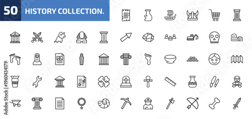 history collection. outline icon set. 50 linear vector for ui, web and mobile. thin line old paper, archaeological, viking ship and more icons.