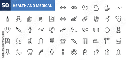 health and medical outline icon set. 50 linear vector for ui, web and mobile. thin line dumbbells, ophthalmology, arm and more icons.