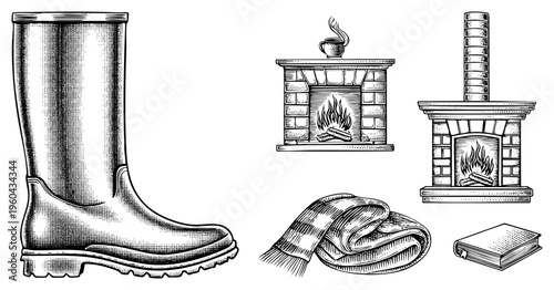 Classic rubber boot for wet weather, stone fireplace with flames, folded plaid, hardcover book, retro halftone style, cozy winter essentials.