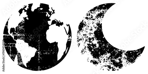 Distressed globe map and moon, gritty vector symbols, global and nocturnal motifs, design, weathered texture.