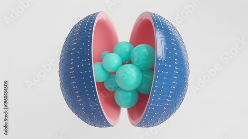 A spherical shell with electronic circuit patterns containing a cluster of glowing teal spheres