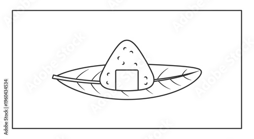 Onigiri Rice Ball on Leaf Plate - Minimalist Line Art Illustration