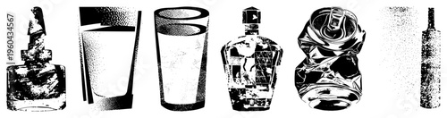 Bottle, glass, can, and flask rendered in halftone style, isolated vector graphics, beverage containers, drink vessels, minimalist silhouette, illustration.