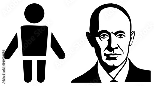 Male restroom symbol, gender neutral figure, stylized bald man portrait, vector graphic, black and white design, minimalist human representation.