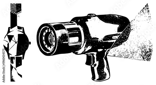 Classic handheld megaphone with textured cone and grip, paired with abstract geometric watch face, stylized halftone art, retro graphic design.