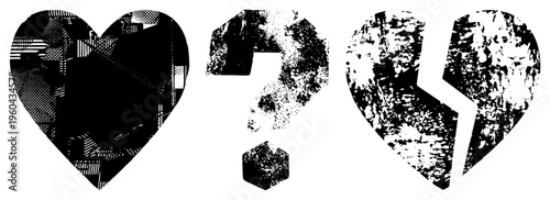 Graphic symbols featuring heart, question mark, and broken heart with distressed textures, vector art, black and white, conceptual design, symbolic.