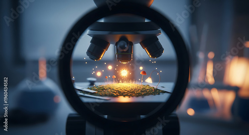 Close-up perspective through a laboratory microscope eyepiece focusing on glowing particles and biological samples. Scientific research concept in a modern dark lab setting featuring medical analysis 