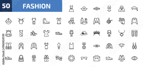 fashion outline icon set. 50 linear vector for ui, web and mobile. thin line women drees, pirate hat, medal with a star and more icons.