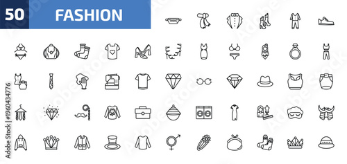 fashion outline icon set. 50 linear vector for ui, web and mobile. thin line belt pouch, wool scarf, tux and more icons.